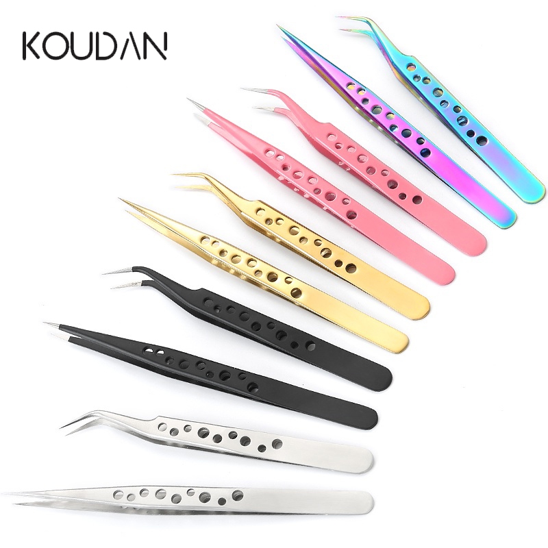 Koudan แหนบสเตนเลส สีเงิน สําหรับต่อขนตา ตกแต่งเล็บ 2 ชิ้น