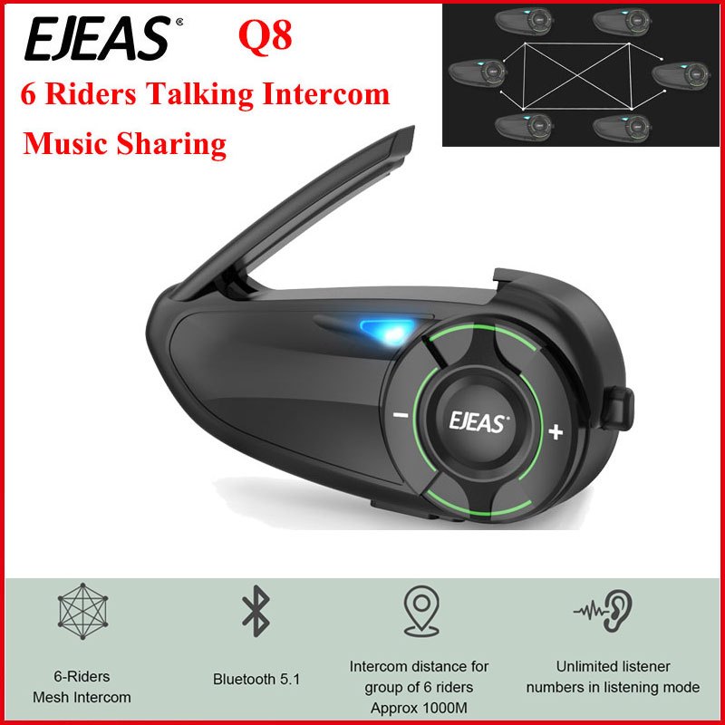 EJEAS Q8 หมวกกันน็อคมอเตอร์ไซค์อินเตอร์คอมกันน้ํา Interphone Moto ชุดหูฟังหมวกกันน็อคสําหรับ 6 ผู้ขั
