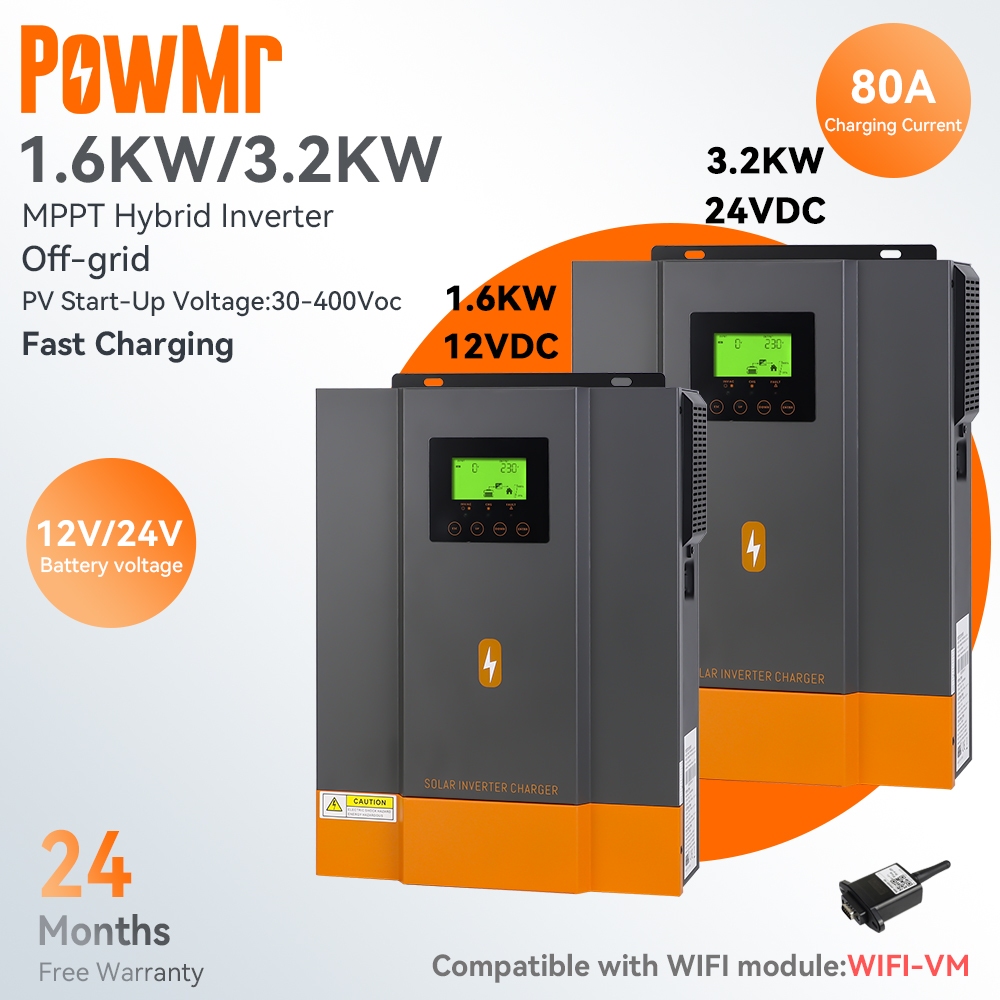 Powmr MPPT 1.6KW/3.2KW อินเวอร์เตอร์ไฮบริด พลังงานแสงอาทิตย์ 230Vac PV 30Voc 80A ในตัว 50 60Hz รองรับแบตเตอรี่ 12V 24V