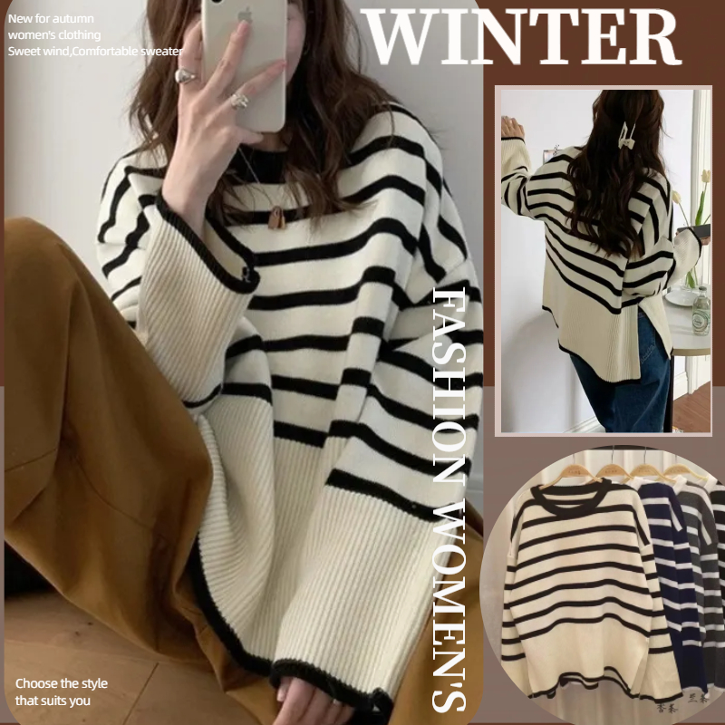 NZN ถักลายทางสําหรับต้นฤดูใบไม้ร่วงเสื้อหลวมใหม่