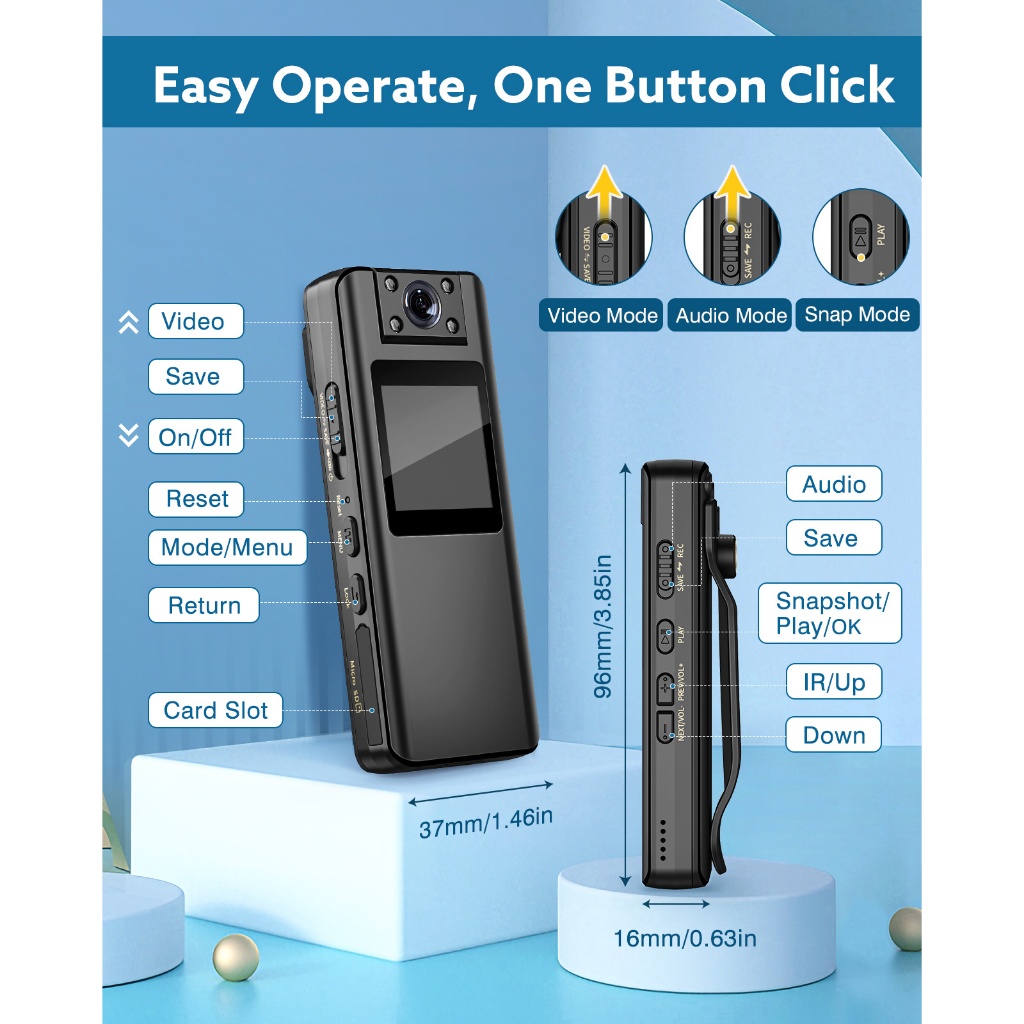 A22 Mini Body Camera 1080P HD 180° เลนส์หมุนได้ 8-10H หน้าจอ OLED การบันทึกสําหรับการประชุมทางกฎหมาย