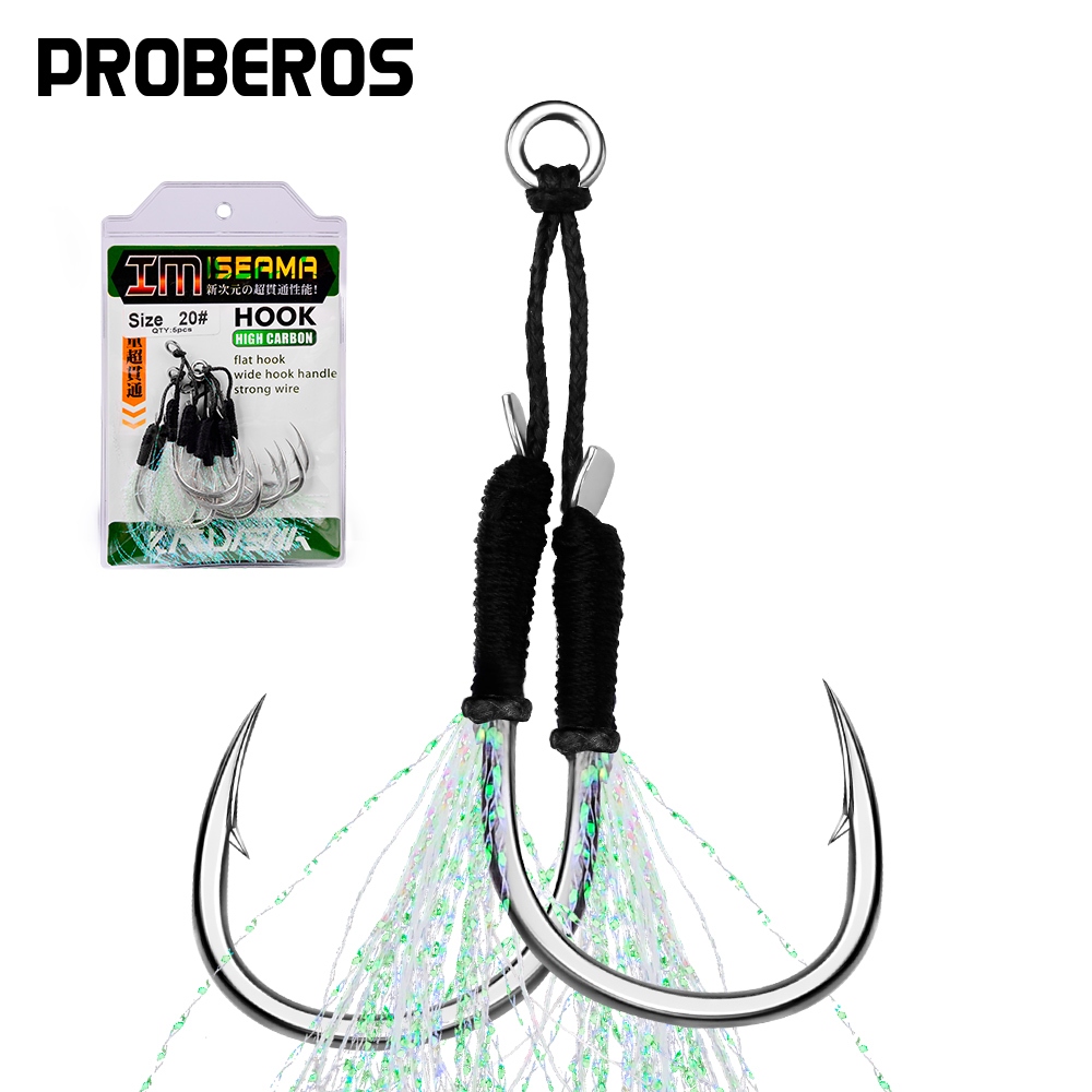 Katyusha 5 คู่/ล็อต Jigging Fishing Assist Hooks 11-20 # Luminous Double Barbed Jig Fishhooks พร้อม Glow Feather