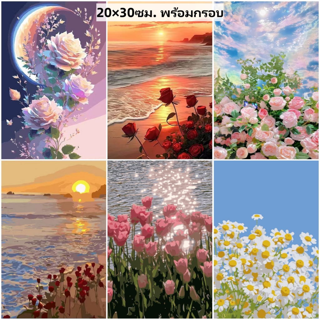 Drofe 20X30ซม ระบายสีตามตัวเลข ขึงเฟรมไม้พร้อมอุปกรณ์ ขนาด ฝึกสมาธิ ของขวัญ DIY สำหรับตกแต่งบ้าน