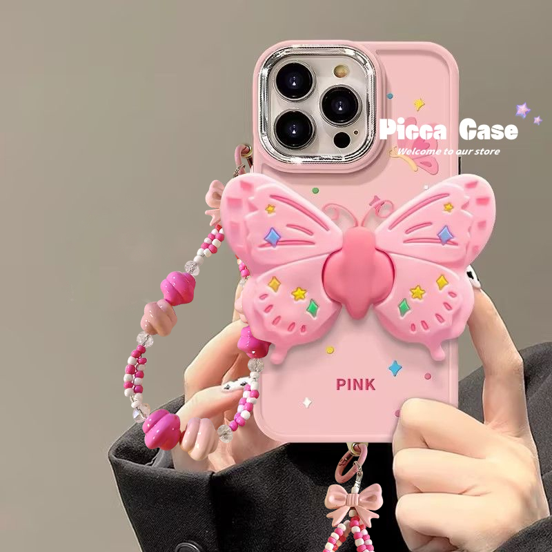 เคสโทรศัพท์มือถือชุบไฟฟ้า กรอบโลหะ ชุบไฟฟ้า ลายปีกผีเสื้อ สีชมพูหวาน พร้อมสายคล้องมือ สําหรับ IPhone 15 13 11 12 14 Pro MAX 7 8 Plus XR XS MAX 7Plus X