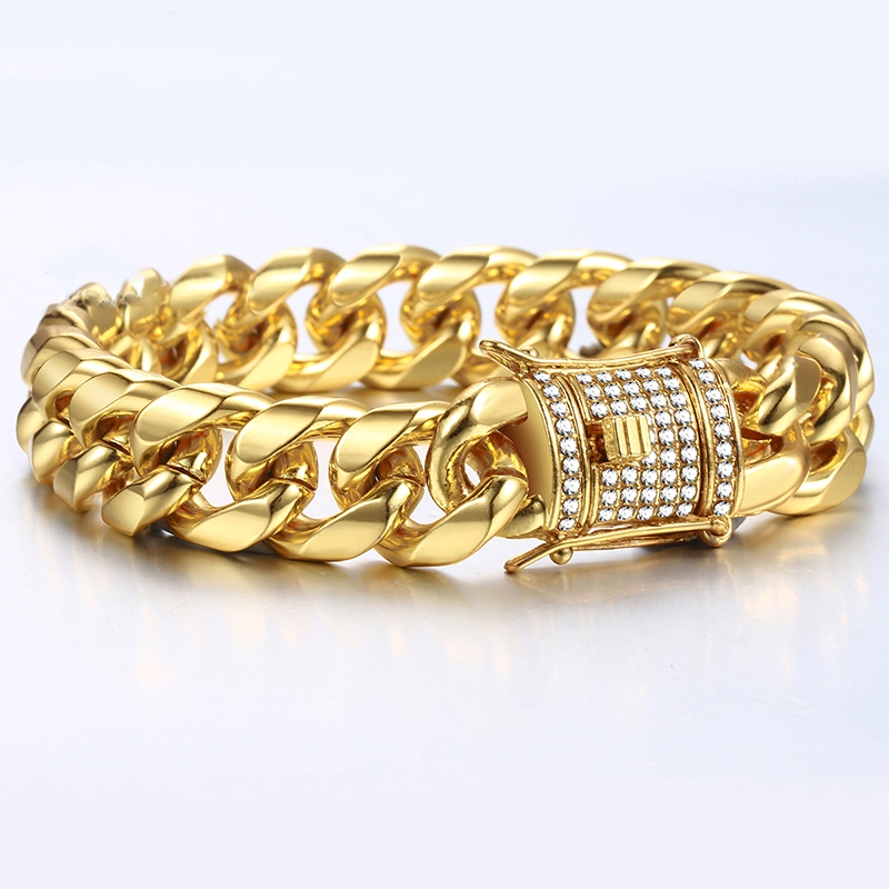 Miami Cuban Link สร้อยข้อมือโซ่ สเตนเลส สีทอง หรูหรา เครื่องประดับ สําหรับผู้หญิง ผู้ชาย