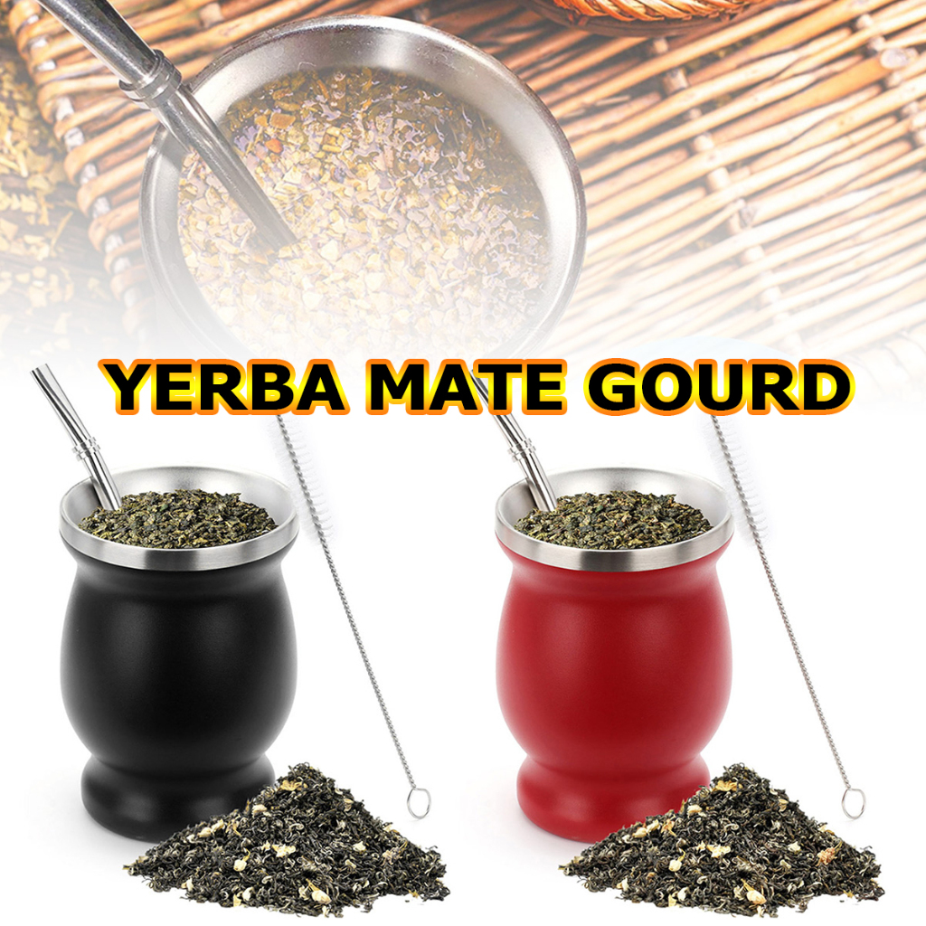 【Yerba Mate Gourd】 ตั้งค่าสแตนเลสสตีลคู่ถ้วยชาและชุดระเบิด BA พร้อมหลอดดูด Yerba Mate