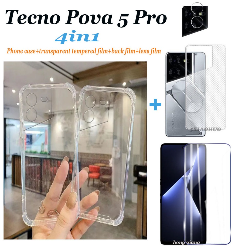 4in1 สําหรับ Tecno Pova 5 Pro 5G Pova 5 เคสโทรศัพท์ใส Tecno Pova Neo ใส ถุงลมนิรภัย เคสโทรศัพท์ กันกระแทก + เต็มจอ