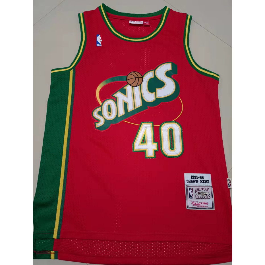 ใหม่ NBA Seattle Supersonics สําหรับผู้ชาย #เสื้อกีฬาบาสเก็ตบอล ปักลาย Shawn Kemp M&amp;N สีแดง 40 ชิ้น