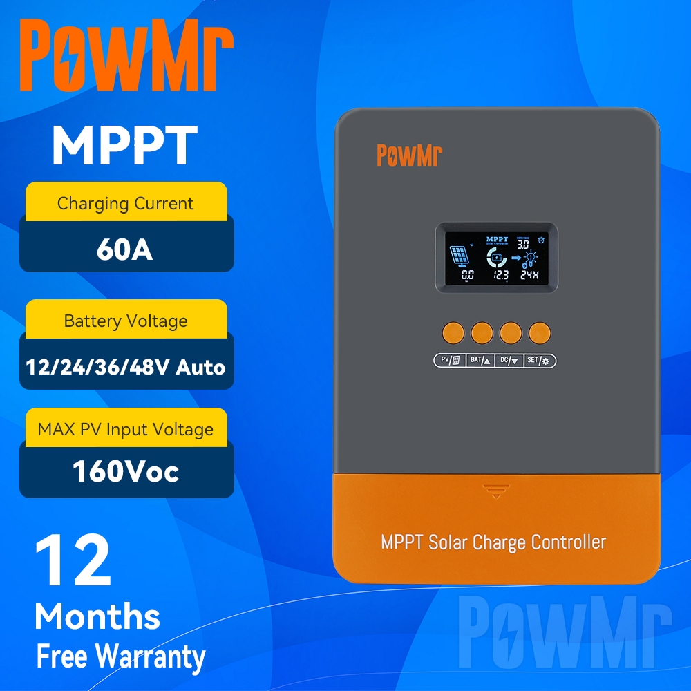 PowMr MPPT 60A ตัวควบคุมเครื่องชาร์จพลังงานแสงอาทิตย์ 12V 24V 36V 48V พร้อม Blacklight LCD Regulator