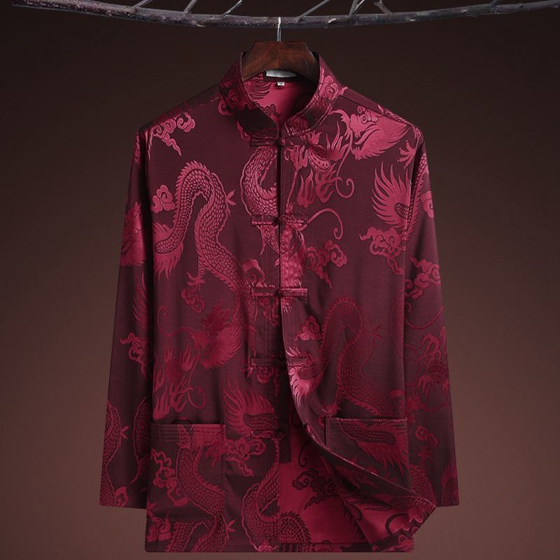 2024 เย็บปักถักร้อย มังกรถัง สูท เสื้อแขนยาว ผ้าไหม ซาติน พลัสไซซ์ เครื่องแต่งกาย แบบดั้งเดิม ซัมฟู ตรุษจีน เสื้อเชิ้ต