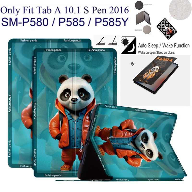 For Samsung Galaxy Tab A (2016, 10.1, Wi-Fi) With S Pen P585 P580 SM-P585Y Tablet Leather Case Fabric material Bracket Fashion Panda Case Sweat Proof Non-Slip Leather Stand Flip
