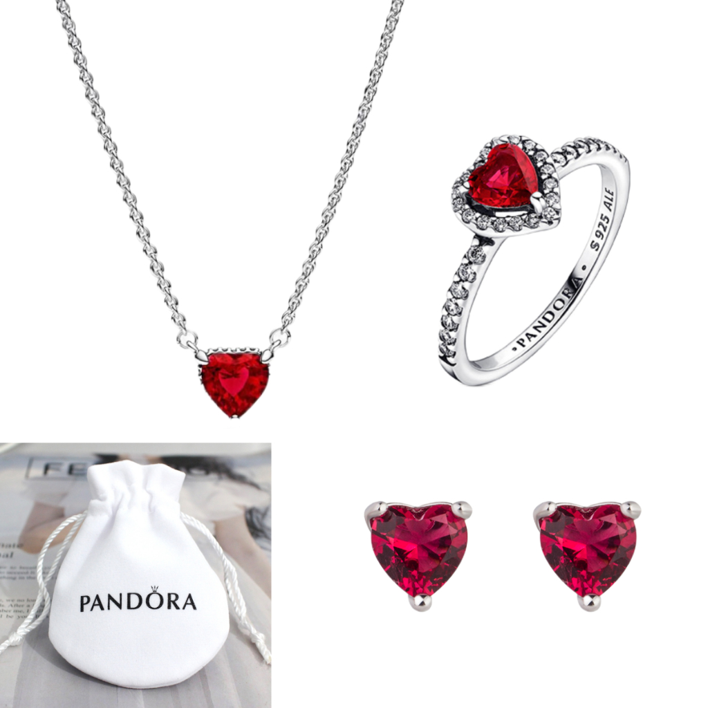 [Set] ชุดสร้อยคอ ต่างหู แหวนเงิน PAN S925 ชุบเงิน สามชิ้น พร้อมกระเป๋าผ้า รูปหัวใจ สีแดง เครื่องประดับแฟชั่น ของขวัญวันวาเลนไทน์