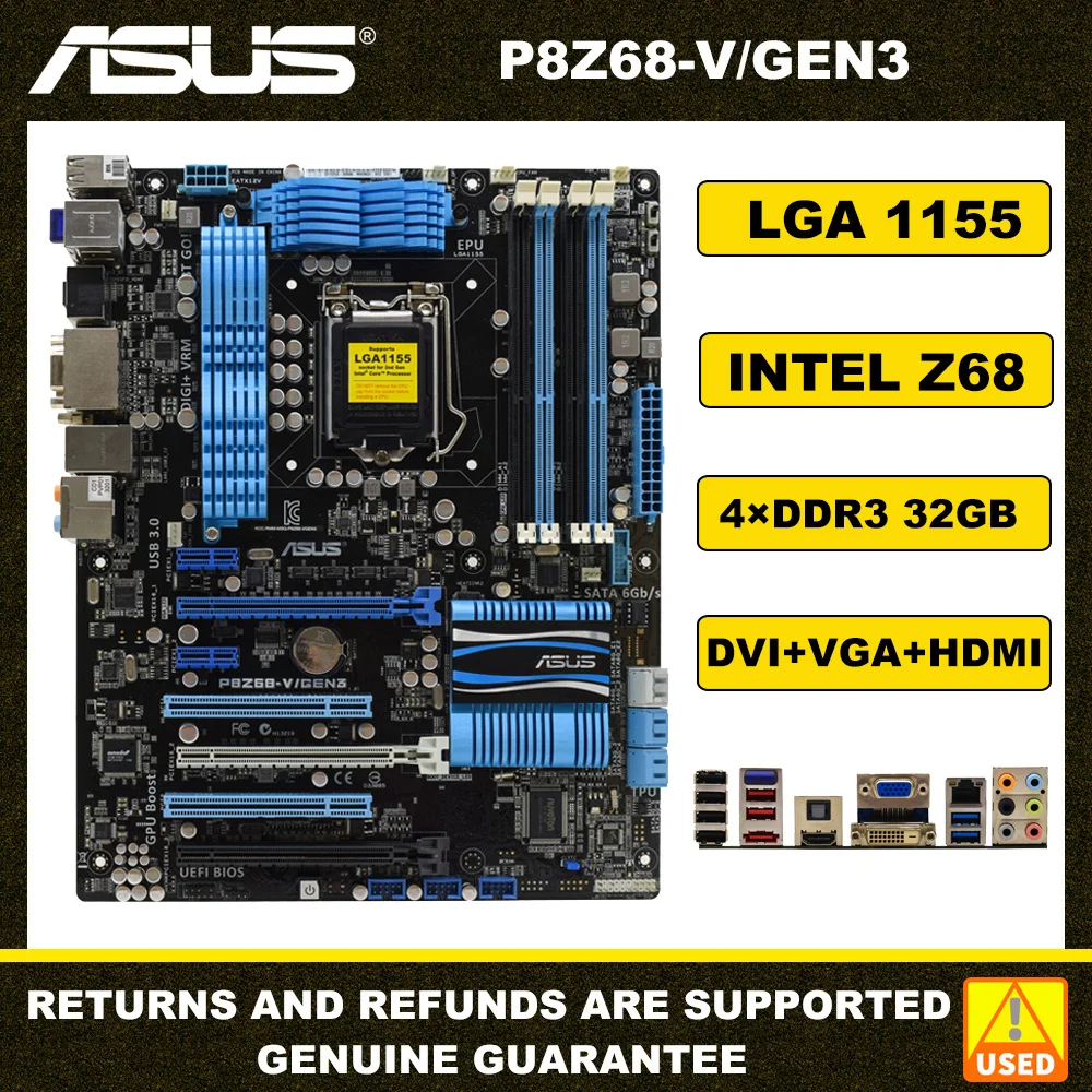 ASUS P8Z68-V/GEN3 LGA 1155 เมนบอร์ด DDR3 Ram 32GB Intel Z68 PCI-E 3.0 HDMI USB3.0 ATX สําหรับ Core i