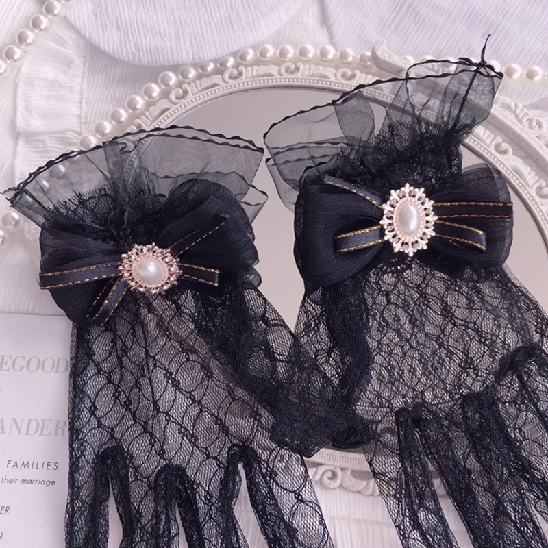 ถุงมือลูกไม้โบว์มุกตกแต่ง สไตล์เชียร์ตาข่ายสำหรับงานแต่งงาน Lolita ราคา ถูกที่สุด ดีลบีเคเค แกลเลอรีภาพที่ 4