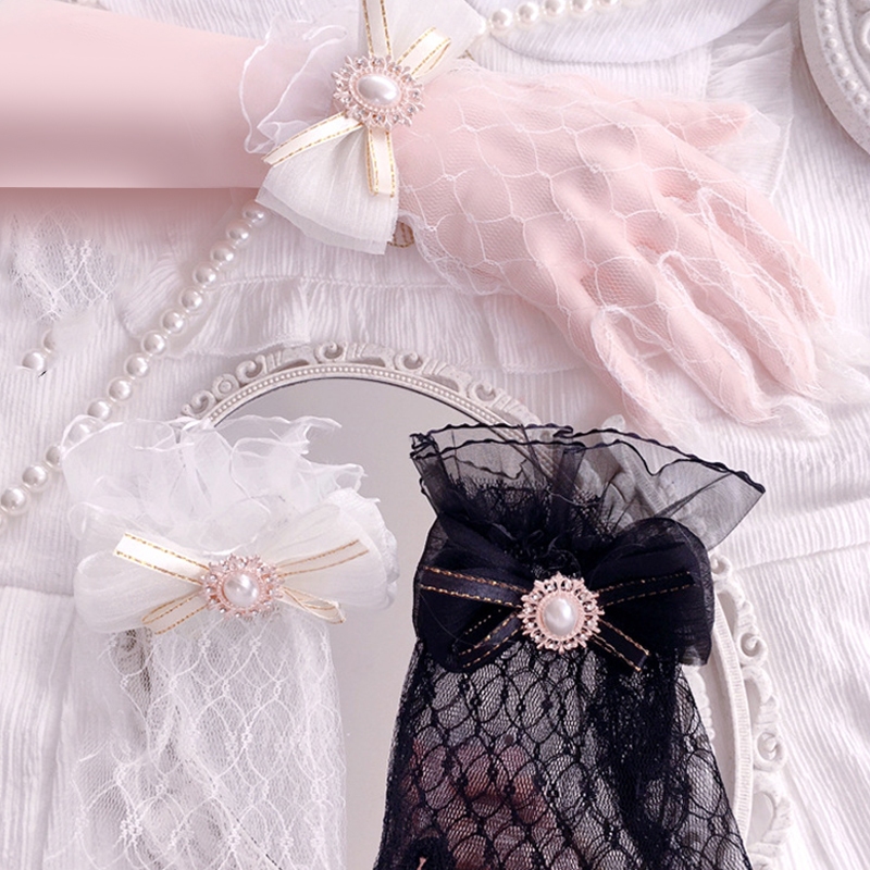ถุงมือลูกไม้โบว์มุกตกแต่ง สไตล์เชียร์ตาข่ายสำหรับงานแต่งงาน Lolita ราคา ถูกที่สุด ดีลบีเคเค