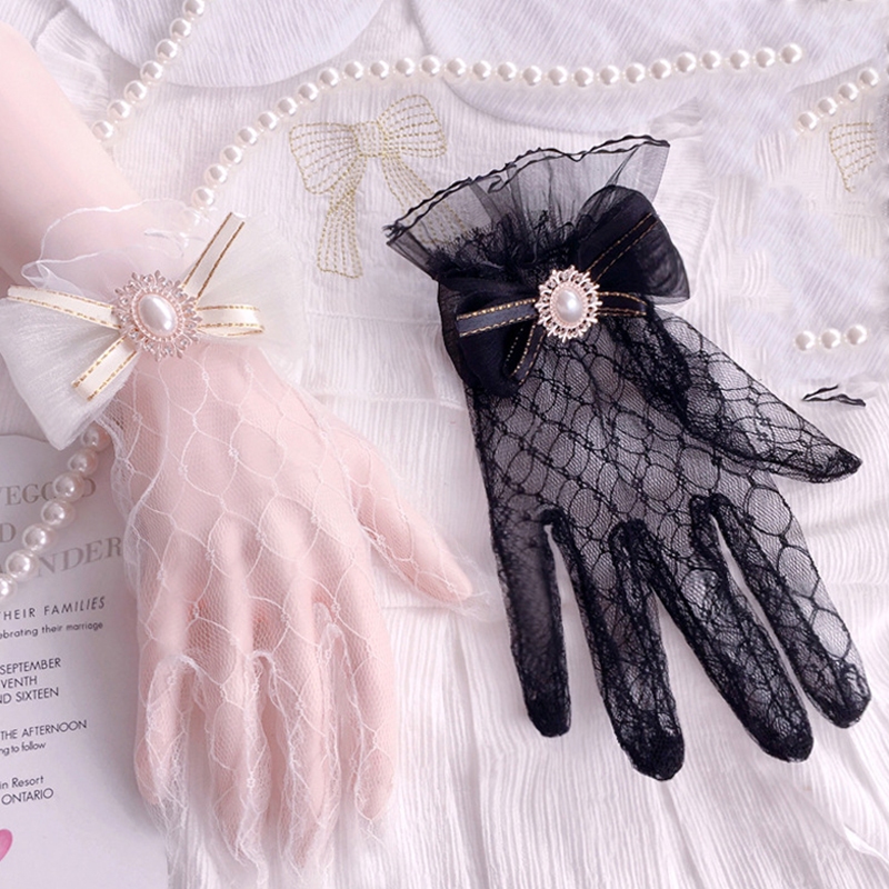 ถุงมือลูกไม้โบว์มุกตกแต่ง สไตล์เชียร์ตาข่ายสำหรับงานแต่งงาน Lolita ราคา ถูกที่สุด ดีลบีเคเค แกลเลอรีภาพที่ 5