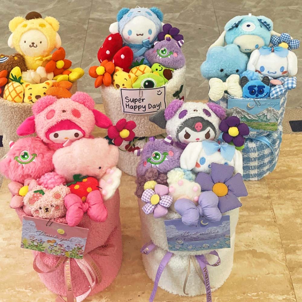 ตุ๊กตาน่ารักดอกไม้ Kuromi Plush Bouquet สําเร็จรูปดอกไม้ตุ๊กตาของเล่นตุ๊กตาช่อดอกไม้สําเร็จการศึกษาวันเกิด
