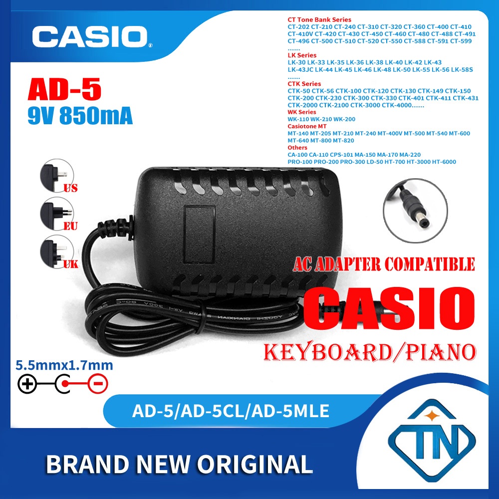 อะแดปเตอร์พาวเวอร์ซัพพลาย 9V 850mA AD-5 AD-5CL สําหรับคีย์บอร์ดเปียโน Casio LK-200S LK-210 LK-215 LK