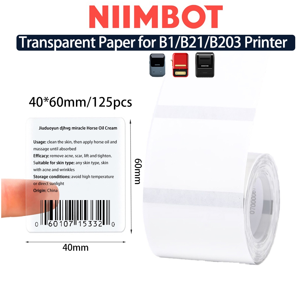Niimbot สติกเกอร์ฉลาก แบบใส กันน้ํามัน ขนาด 40x60 มม. 125 ชิ้น สําหรับเครื่องพิมพ์ B21 B3S Niimbot B