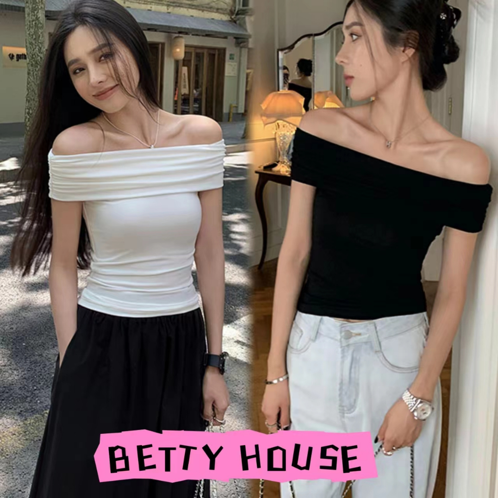Betty House🎀เสื้อแฟชั่นผู้หญิง💖เสื้อครอปเปิดไหล่สุดเซ็กซี่ของสาวฮอต