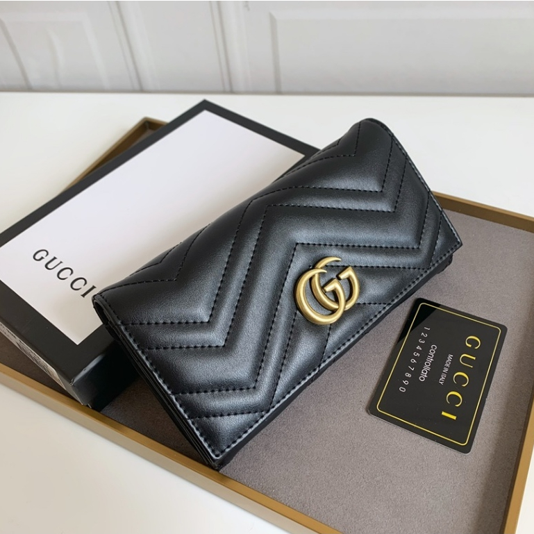 Gucci กระเป๋าสตางค์หนัง GG Marmont Series ซิปยาว กระเป๋าสตางค์อเนกประสงค์ [ส่งพร้อมกล่องของขวัญแบรนด์]