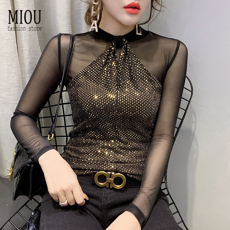 Miou ใหม่ เสื้อยืดลําลอง แขนยาว ปักเลื่อม ทรงสลิมฟิต ฉลุลาย เซ็กซี่ แฟชั่นฤดูใบไม้ร่วง สําหรับสตรี 2023