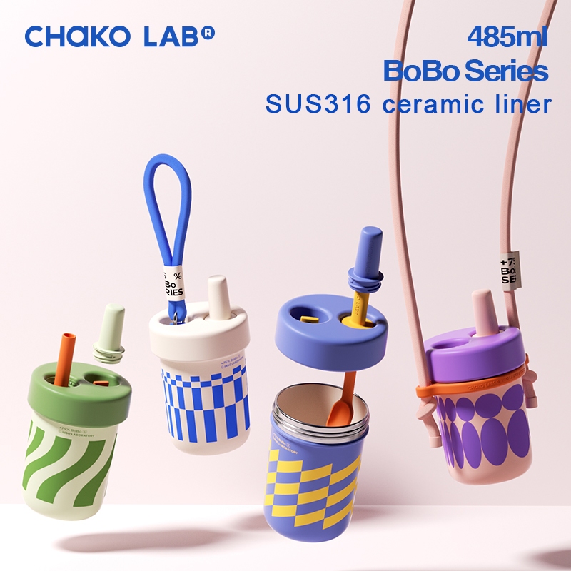 Chakolab กระติกน้ําร้อนเซรามิค มีหลอดดูดสุญญากาศ ขนาด 480 มล. พร้อมที่จับ