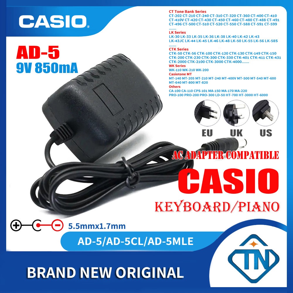 9V 850mA AD-5MR Power Supply Adapter สําหรับ Casio LK-20 LK-39 CTK-720 CTK-2000 CTK-2100 CTK-3000 CTK-4000 คีย์บอร์ดเปียโนอิเล็กทรอนิกส์