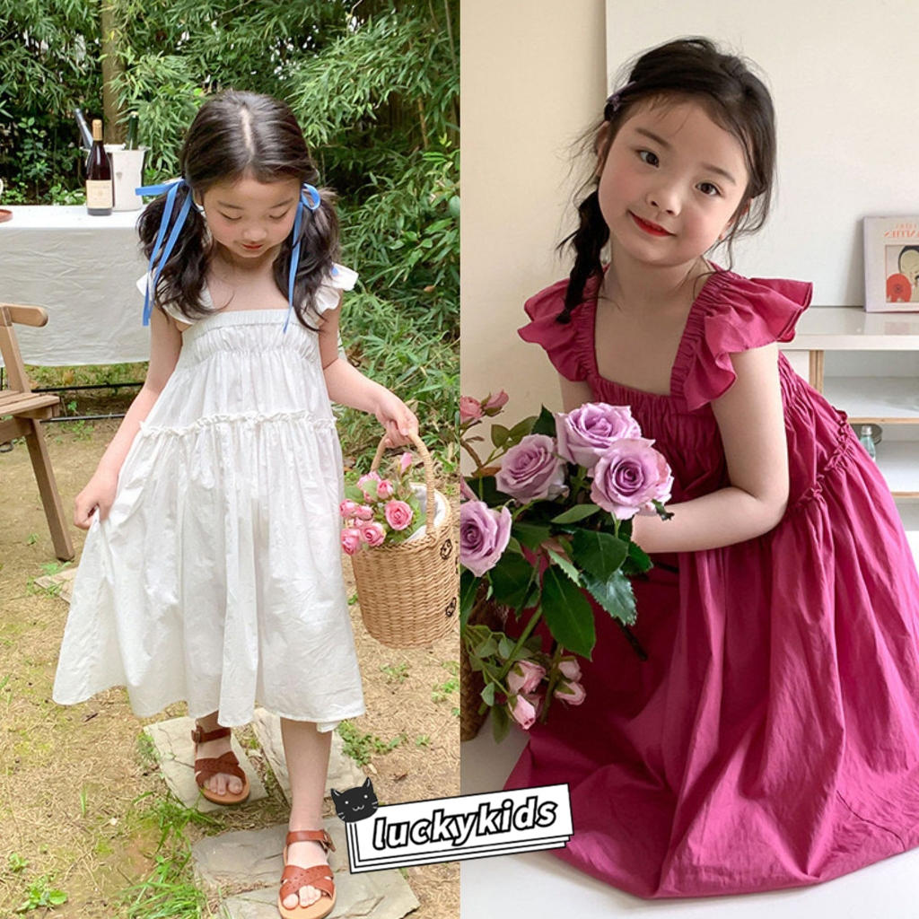 ชุดเดรสเจ้าหญิง ผ้าฝ้าย แขนบาน สีพื้น แฟชั่นฤดูร้อน สําหรับเด็กผู้หญิง