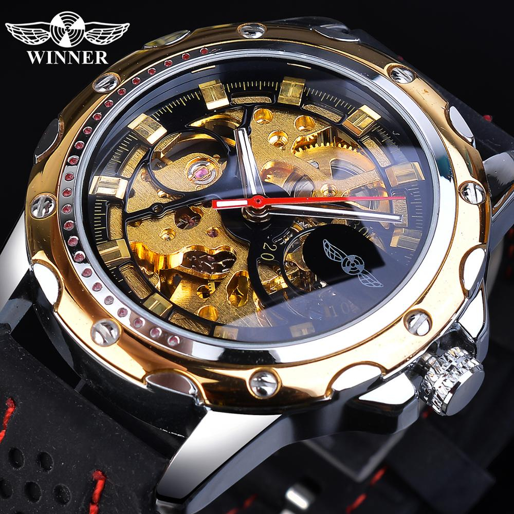 Original WINNER นาฬิกาสีดําชายทหารนาฬิกากลไกอัตโนมัติ Winding Analog Motorsport สายซิลิโคนชาย Reloj นาฬิกา. ของขวัญสําหรับผู้ชาย