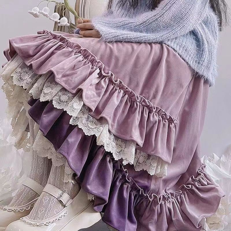 ชุดเดรสกระโปรงยาว แบบหนา มีหลายชั้น แต่งลูกไม้ สีม่วง สไตล์ญี่ปุ่น สําหรับสตรี