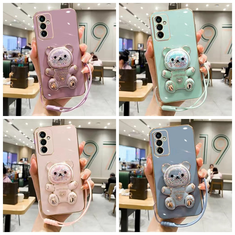 เคส Huawei Y7P 2020 Y6 Pro 2019 Y9S Y9 2019 Y7A Y9 Prime 2019 ขอบตรงชุบ TPU สายรุ้งน้ำตาลหมีถือกรณีโทรศัพท์