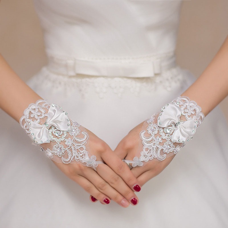 1 คู่ชุดอุปกรณ์เสริมงานแต่งงานผู้หญิงเจ้าสาวถุงมือ Rhinestone Fingerless ถุงมือลูกไม้ Bowknot