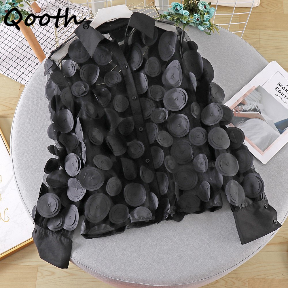 Qooth ผู้หญิง 3D ออกแบบ Polka Dot แขนยาวเสื้อชีฟองบุคลิกภาพ Hollow Out เสื้อตาข่าย QT2268