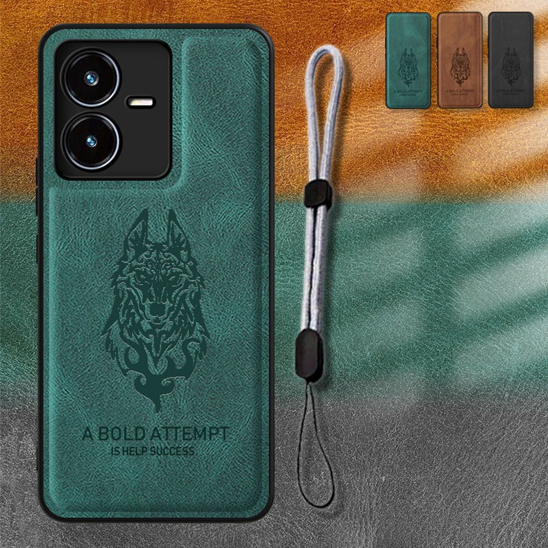 สําหรับเคสหนัง VIVO Y22 Y22s พร้อมเชือกคล้องโทรศัพท์มือถือแบบปรับได้ เคส Wolf Design