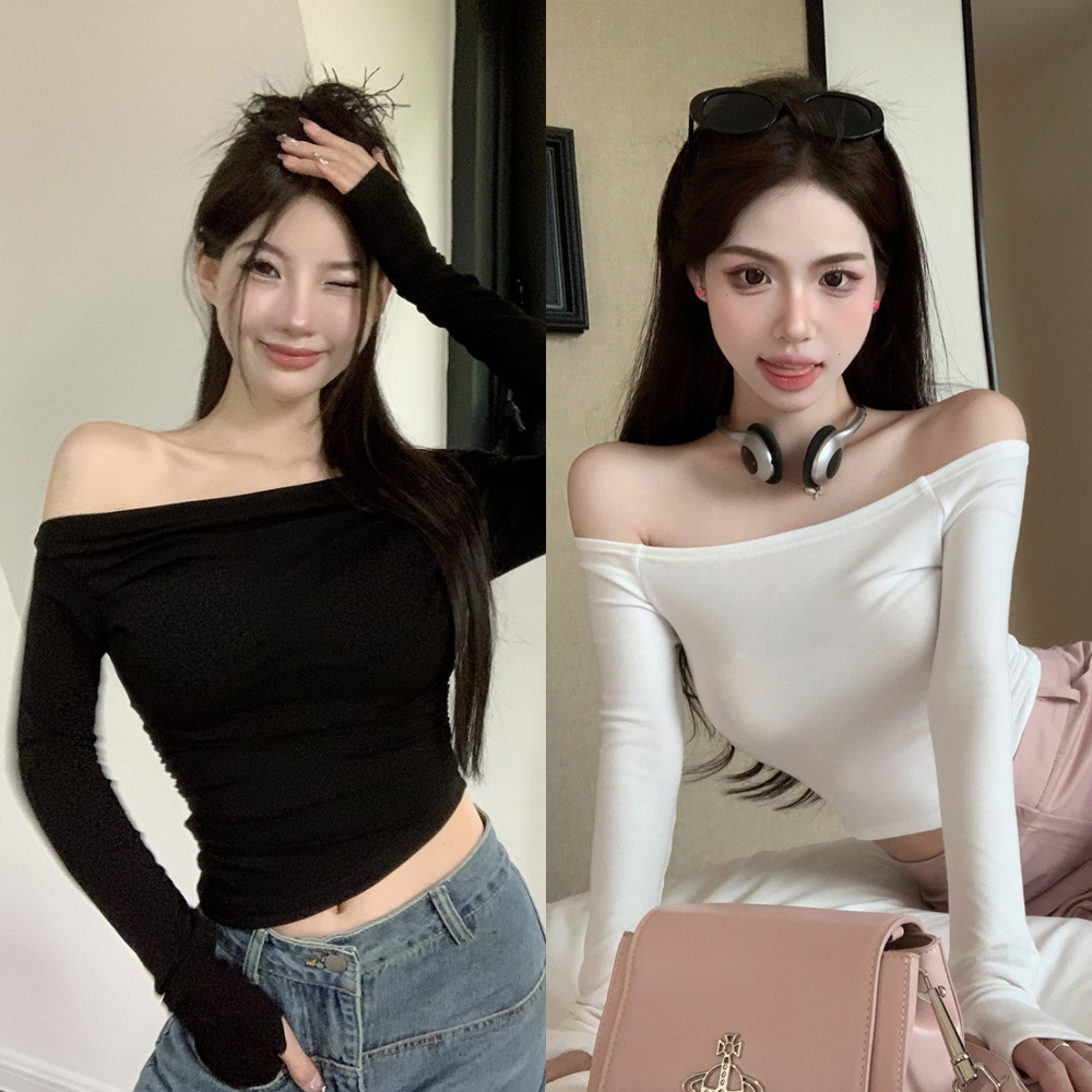 Bella🌻 เสื้อครอปหญิง2023👕สีขาวเปิดไหล่เสื้อครอปน่ารักๆ สไตล์สาวฮอตเซ็กซี่
