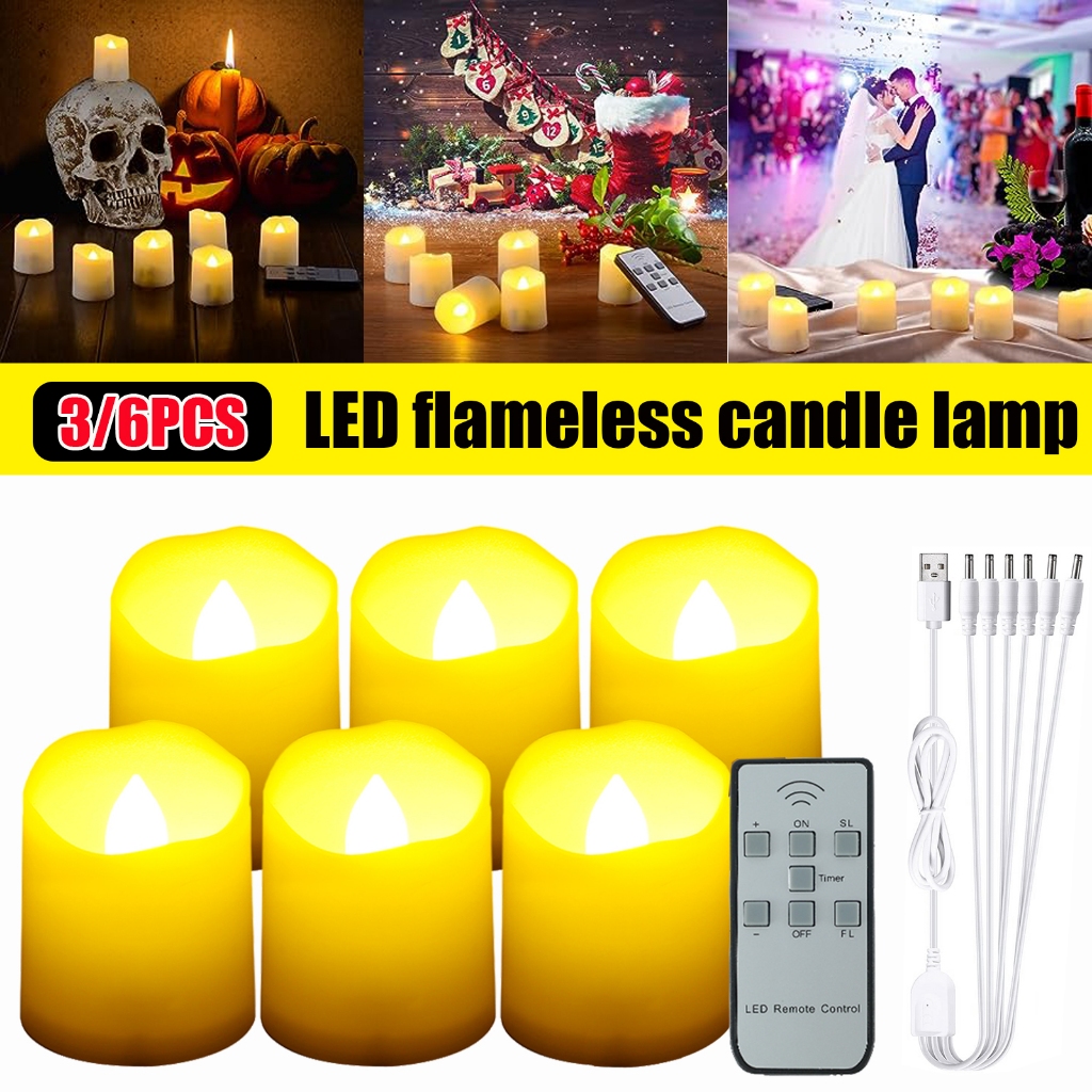 6 ชิ้น/ชุด โคมไฟเทียน LED แบบชาร์จไฟได้ พร้อมรีโมตจับเวลา ไฟ LED เทียนชาไร้ตําหนิแบตเตอรี่ริบหรี่ไฟกลางคืนคริสต์มาสงานแต่งงานงานเลี้ยงวันเกิดตกแต่งบ้าน