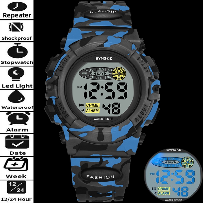 Synoke นาฬิกาข้อมือกันน้ำสำหรับเด็ก สาย.camoflage LED สไตล์แฟชั่น เหมาะทำของขวัญให้นักเรียน