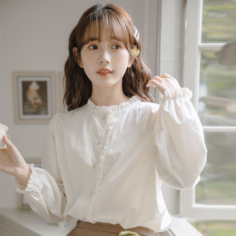 เสื้อเชิ้ตแขนยาว คอกลม สีขาว สไตล์ตะวันตก แฟชั่นสําหรับผู้หญิง