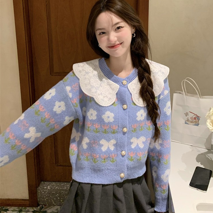 เสื้อแจ็กเก็ตกันหนาว แขนยาว คอตุ๊กตา ผ้าถัก แต่งลูกไม้ สําหรับผู้หญิง