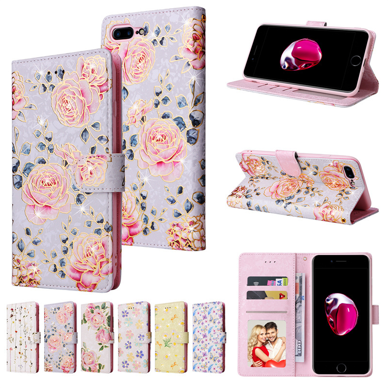 เคสโทรศัพท์หนัง PU นิ่ม ฝาพับ ลายดอกไม้ พร้อมช่องใส่บัตร หรูหรา สําหรับ iPhone 8 Plus 7 Plus XR XS Max 11 Pro X XS 7 8
