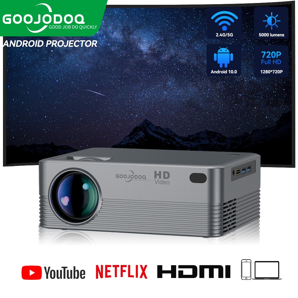 Goojodoq โปรเจคเตอร์ดิจิทัล ขนาดเล็ก แบบพกพา สําหรับ 1080P Full HD Video Digital Projetor 5G Wifi Android Projector 6000 Lumens Home Cinema Camping