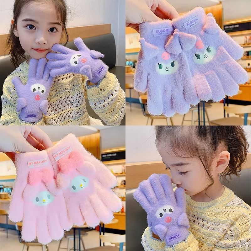 ถุงมือ ผ้าวูลถัก ลาย Melody Kuromi น่ารัก ให้ความอบอุ่น แฟชั่นฤดูใบไม้ร่วง และฤดูหนาว สําหรับเด็กผู้หญิง