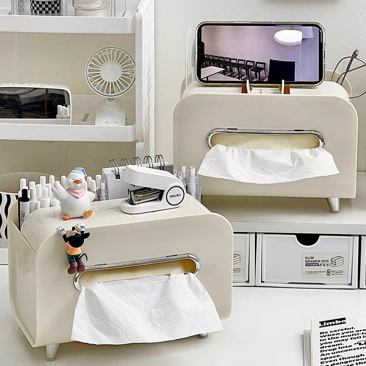 DDORIA เดสก์ท็อปกล่องกระดาษทิชชูมัลติฟังก์ชั่น Tissue Storage Dispenser พร้อมที่วางโทรศัพท์รีโมทคอนโทรล Organizer