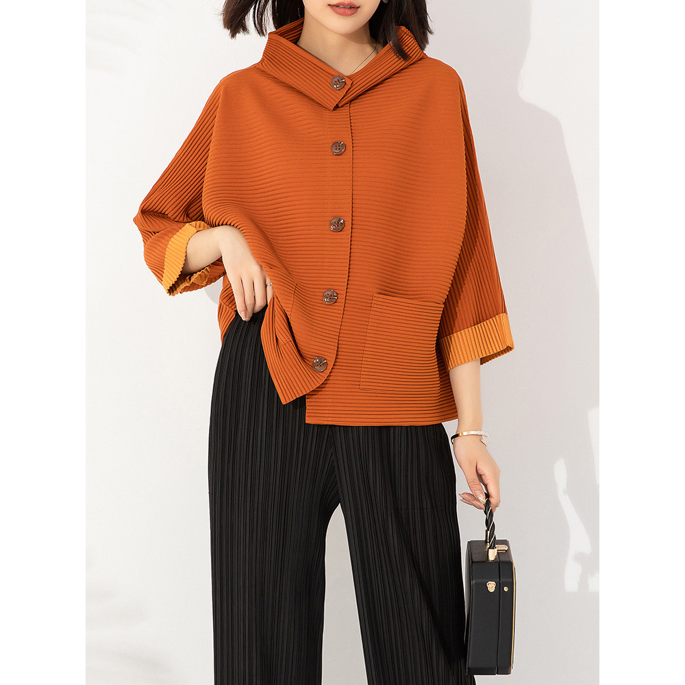 Miyake เสื้อแจ็กเก็ต แต่งจับจีบ ทรงหลวม ขนาดใหญ่ แต่งกระดุมแถวเดียว แฟชั่นฤดูใบไม้ร่วง และฤดูหนาว สไตล์ฝรั่งเศสเรโทร สําหรับผู้หญิง 2023