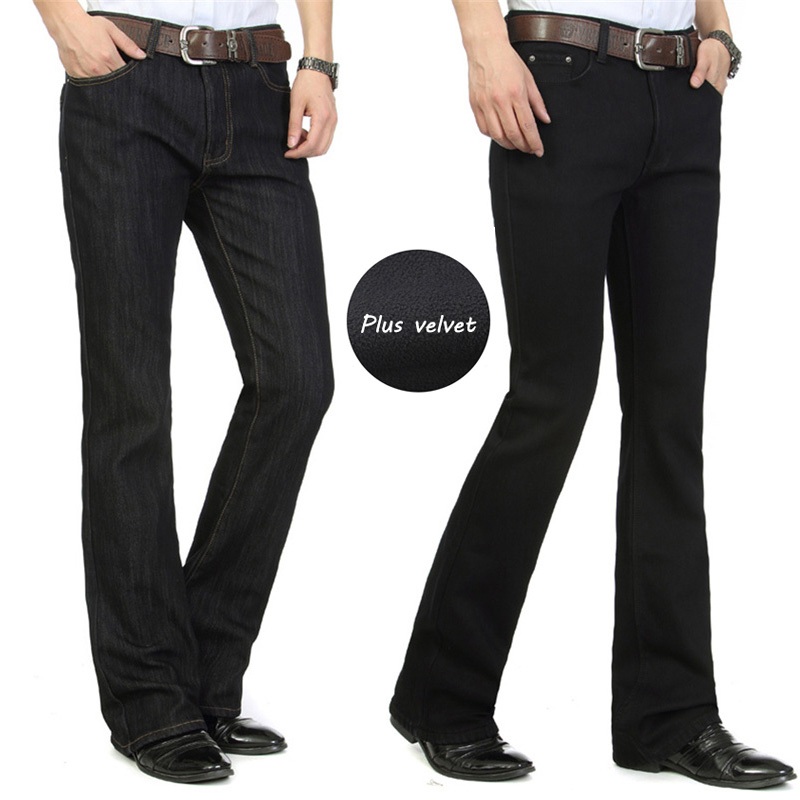 ฤดูหนาวผู้ชายกํามะหยี่ ฉ หนักมาก กางเกงยีนส์บูตตัดขา ฉ หนักมาก หลวมพอดีเอวสูงชายออกแบบกางเกงยีนส์คลาสสิก