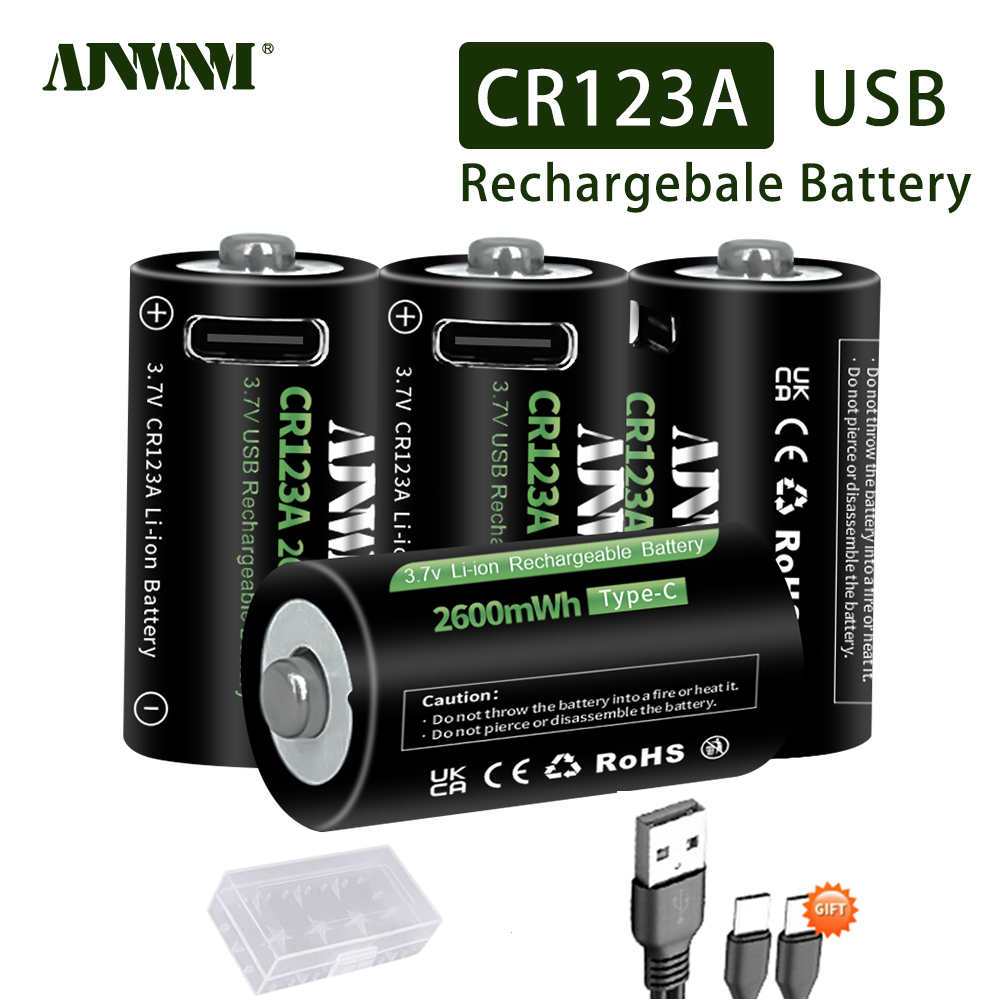 AJNWNM CR123A แบตเตอรี่ 2600mWh 3.7V Li-ion 16340 แบตเตอรี่สําหรับไฟฉาย LED 16350 RCR123 แบตเตอรี่ + USB Type-c สาย