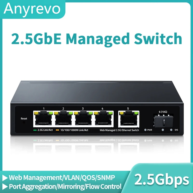 2.5GbE Managed Switch 5 พอร์ต 2500M เครือข่าย 10G SFP + Slot Uplink Web Managed Static Link Aggregat