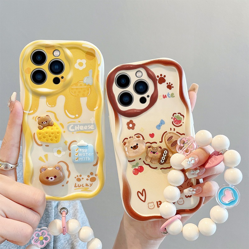 เคสโทรศัพท์มือถือ ซิลิโคนนิ่ม ลายการ์ตูนหมีน่ารัก 3D พร้อมสายคล้องมือ สําหรับ iPhone 15 14 13 12 11 Pro Max 13 12 XR X XS Max 7 8 14 15 Plus