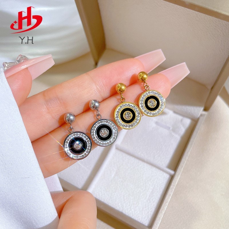 Y.H 316L วงกลม โรมัน เพชร สีทอง 18K ต่างหูสแตนเลส